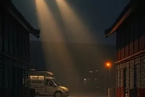《雨季放映厅》画面：雨幕中亮着灯的旧式放映窗口
